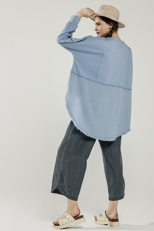 Plus Size Boho Comfy Oversized Round Side Slit Contrast Top - Xtreme Shopper