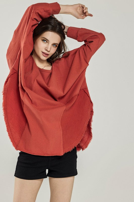 Plus Size Boho Comfy Oversized Round Side Slit Contrast Top - Xtreme Shopper