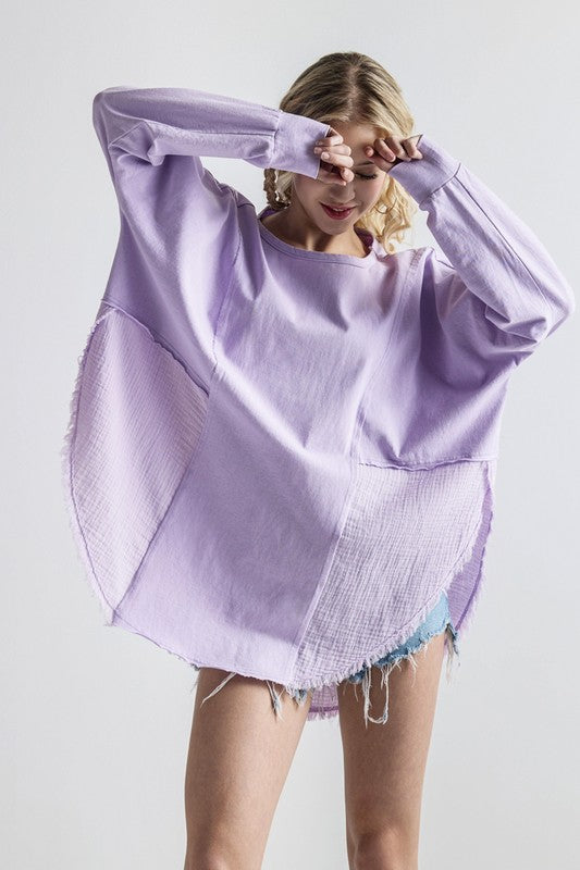 Plus Size Boho Comfy Oversized Round Side Slit Contrast Top - Xtreme Shopper