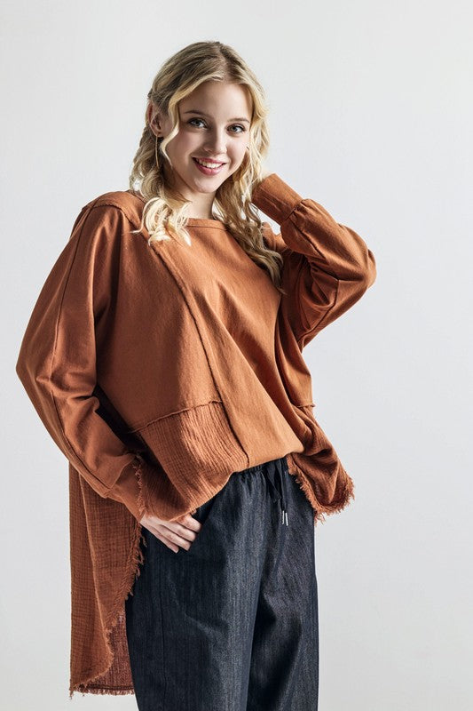 Plus Size Boho Comfy Oversized Round Side Slit Contrast Top - Xtreme Shopper