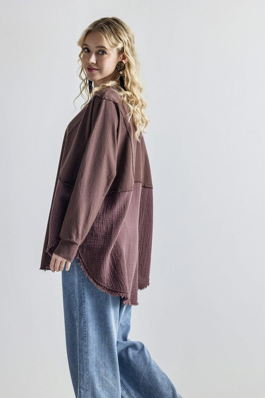 Plus Size Boho Comfy Oversized Round Side Slit Contrast Top - Xtreme Shopper