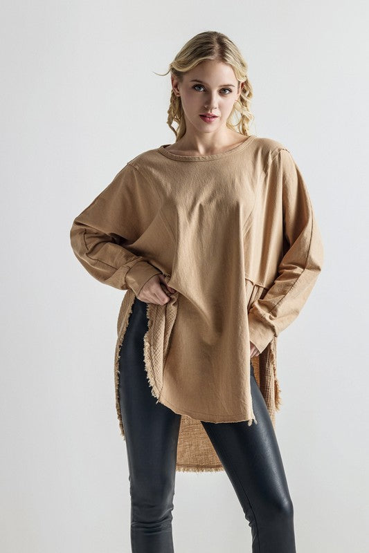 Plus Size Boho Comfy Oversized Round Side Slit Contrast Top - Xtreme Shopper