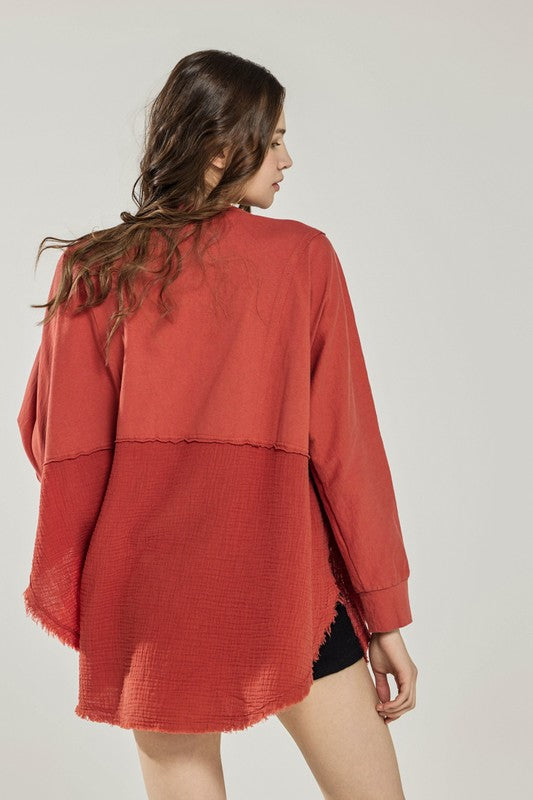 Plus Size Boho Comfy Oversized Round Side Slit Contrast Top - Xtreme Shopper