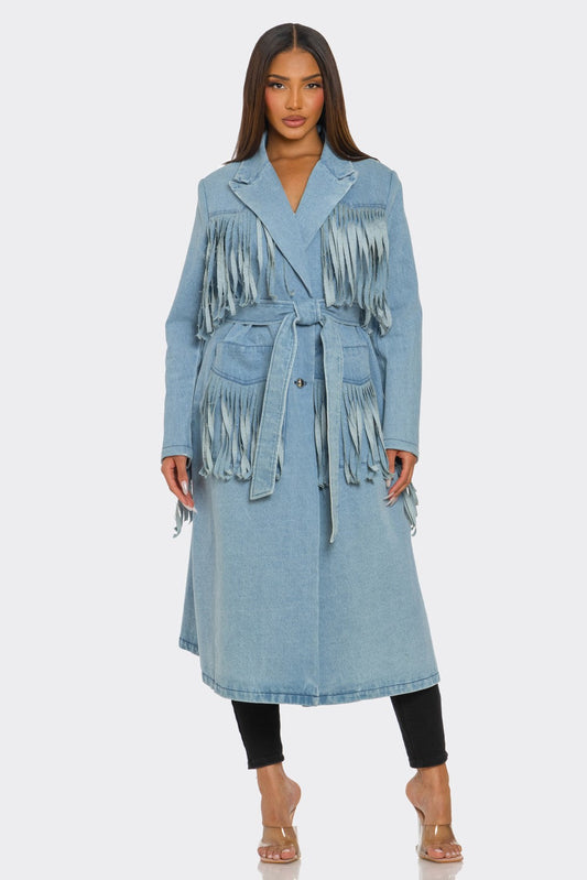 Fringed Denim Trench Coat