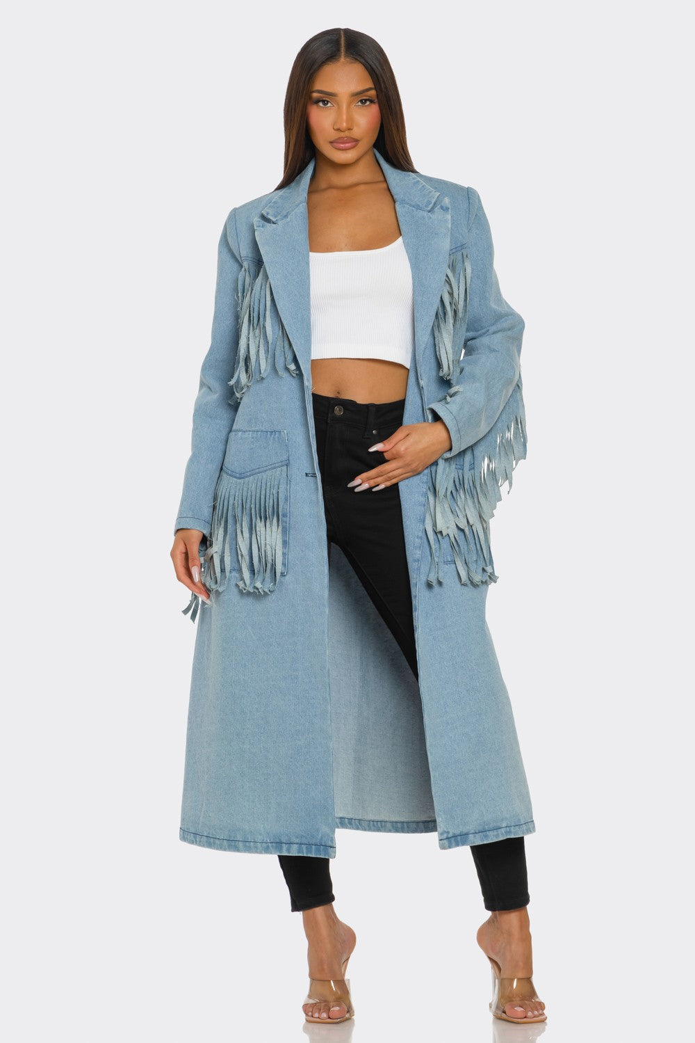 Fringed Denim Trench Coat