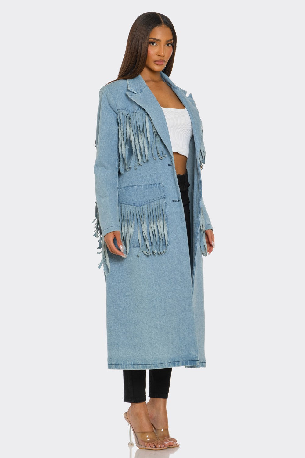Fringed Denim Trench Coat