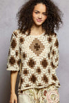 POL Boho Round Neck Short Sleeve Color Pattern Crochet Top with Border Accents - Xtreme Shopper