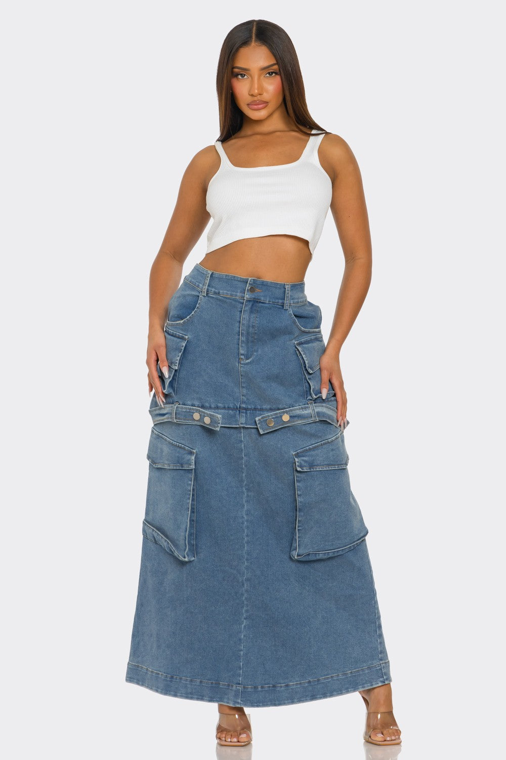 Trendy Utility Denim Maxi Skirt