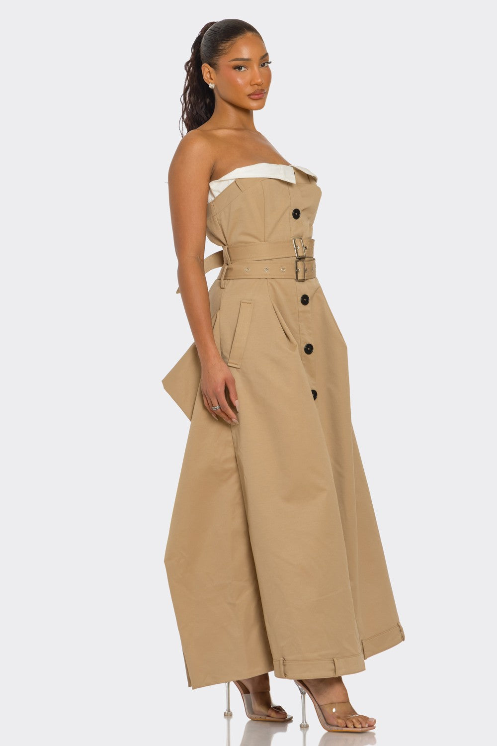 Trendy Strapless Belted Trench Maxi Dress