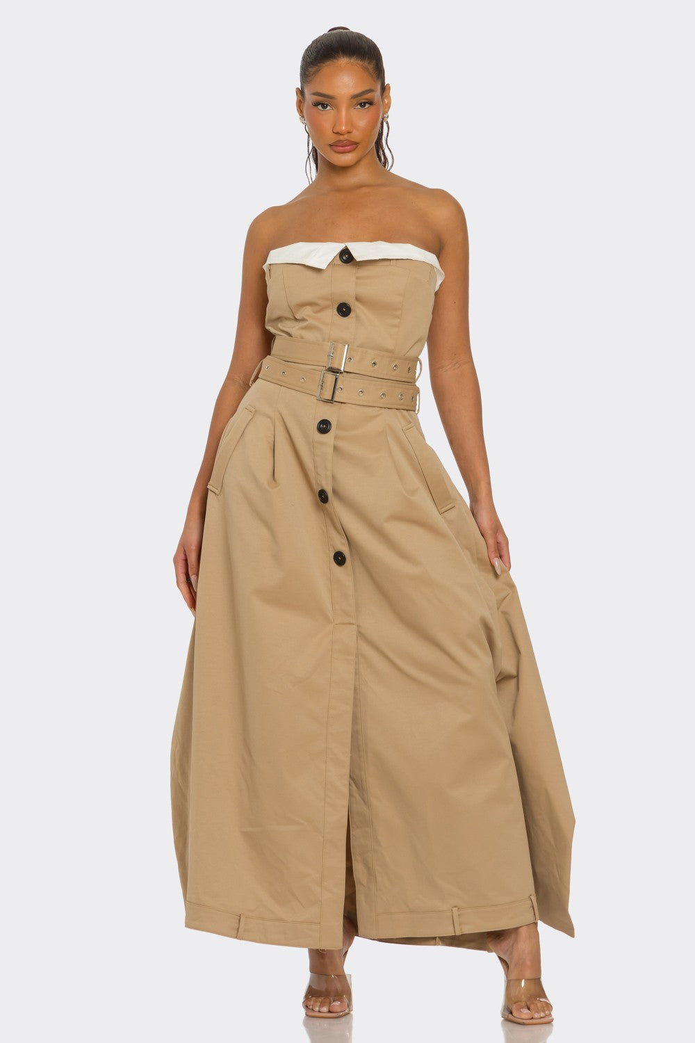 Trendy Strapless Belted Trench Maxi Dress