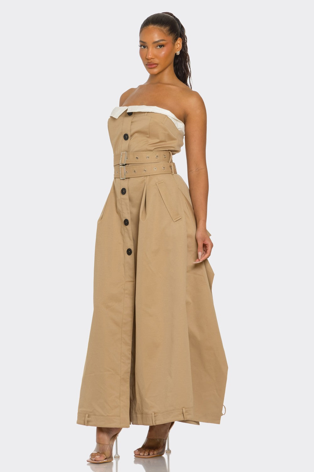 Trendy Strapless Belted Trench Maxi Dress