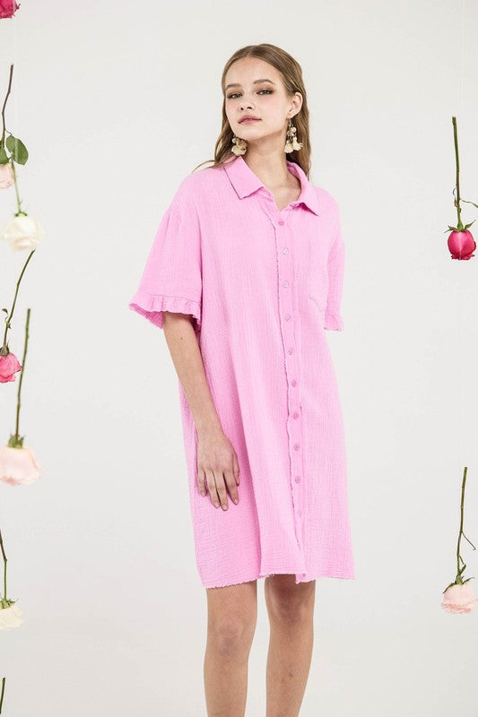 Trendy Boho Frayed Edges Breezy Button down Shirt Dress - Xtreme Shopper