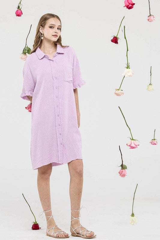 Trendy Boho Frayed Edges Breezy Button down Shirt Dress - Xtreme Shopper
