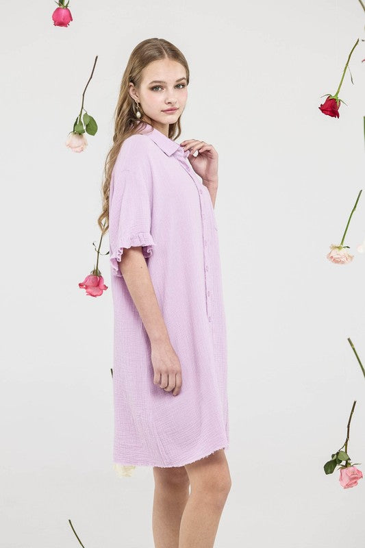 Trendy Boho Frayed Edges Breezy Button down Shirt Dress - Xtreme Shopper