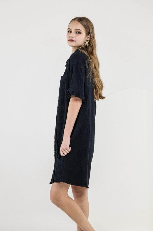 Trendy Boho Frayed Edges Breezy Button down Shirt Dress - Xtreme Shopper