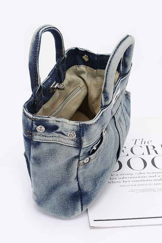 Washed Denim Top Handle Convertible Crossbody Bag - Xtreme Shopper