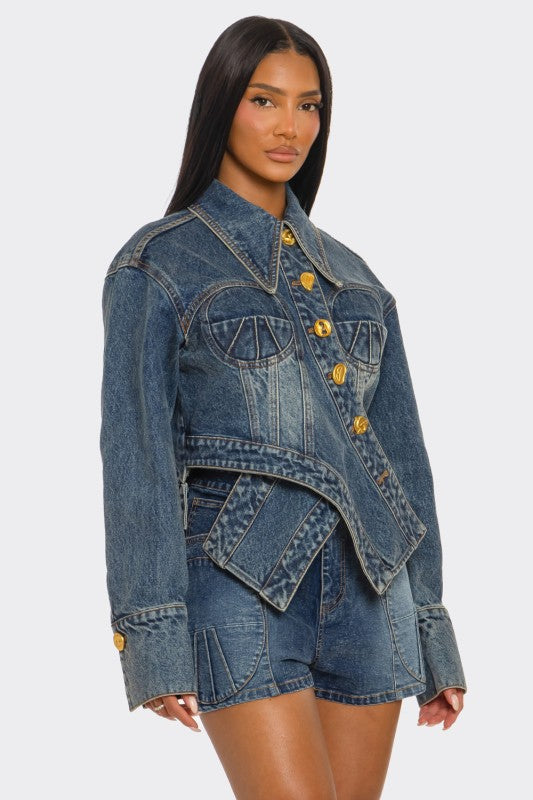 Trendy Clubwear Sculpted Denim Corset Jacket & Short Set - Xtreme Shopper