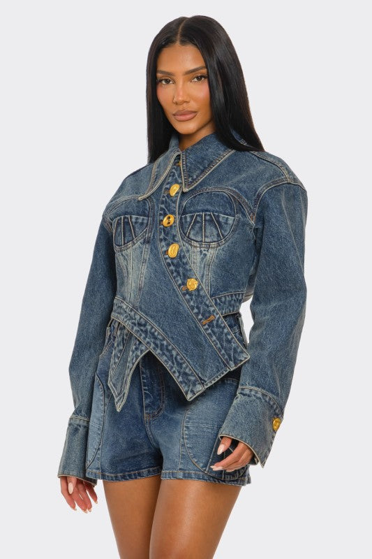 Trendy Clubwear Sculpted Denim Corset Jacket & Short Set - Xtreme Shopper