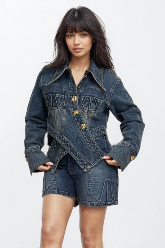 Trendy Clubwear Sculpted Denim Corset Jacket & Short Set - Xtreme Shopper