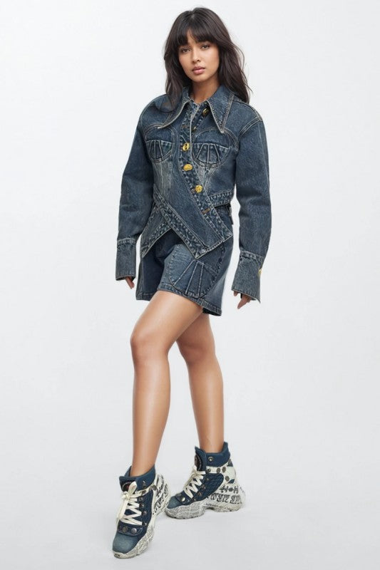 Trendy Clubwear Sculpted Denim Corset Jacket & Short Set - Xtreme Shopper