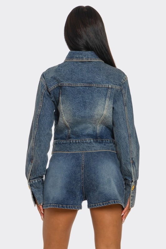 Trendy Clubwear Sculpted Denim Corset Jacket & Short Set - Xtreme Shopper