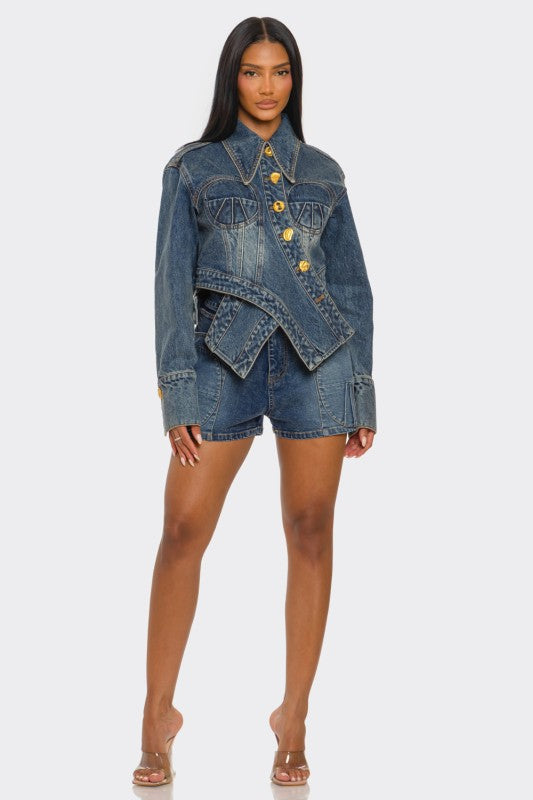 Trendy Clubwear Sculpted Denim Corset Jacket & Short Set - Xtreme Shopper