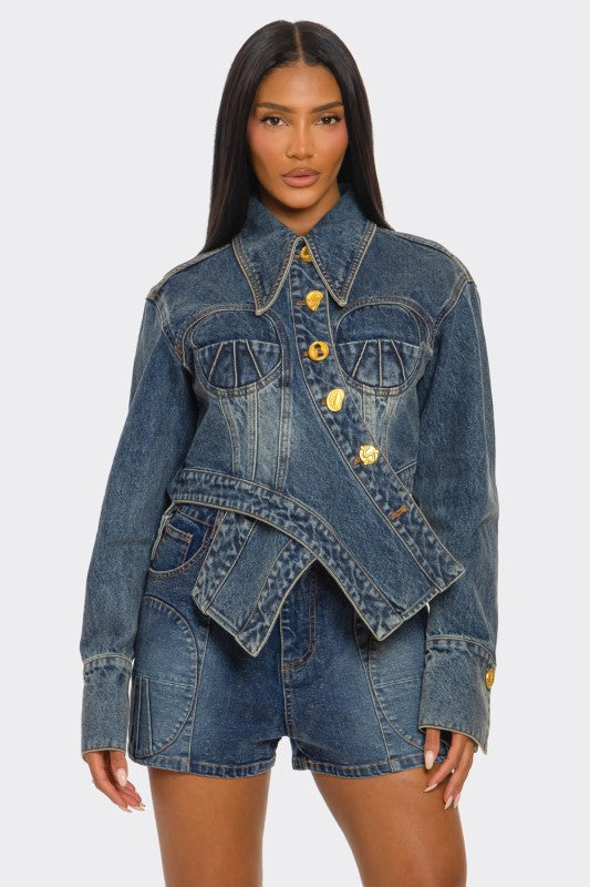 Trendy Clubwear Sculpted Denim Corset Jacket & Short Set - Xtreme Shopper