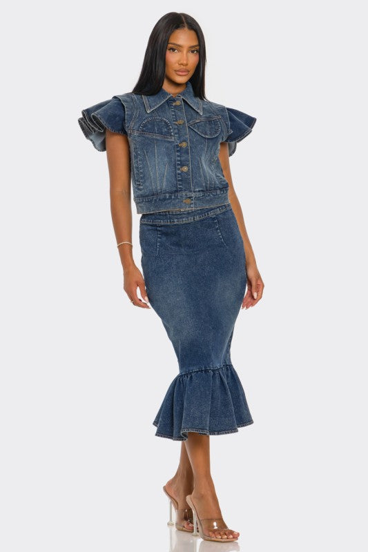 Trendy Ruffled Hem Denim Skirt Set - Xtreme Shopper