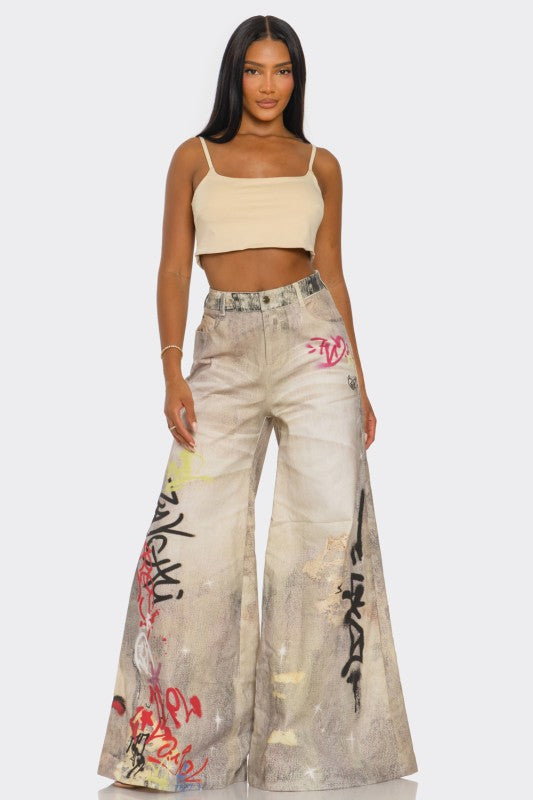 Street Poet Graffiti Streetwear Wide-Leg Jeans - Xtreme Shopper