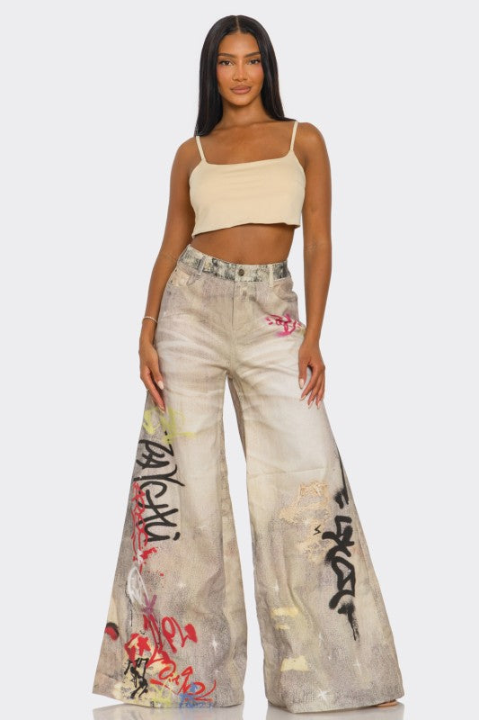 Street Poet Graffiti Streetwear Wide-Leg Jeans - Xtreme Shopper