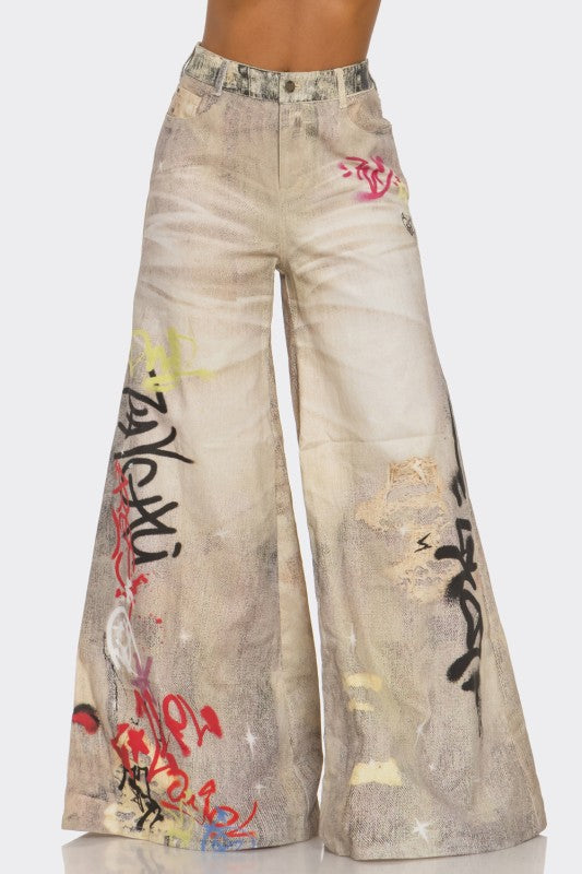 Street Poet Graffiti Streetwear Wide-Leg Jeans - Xtreme Shopper