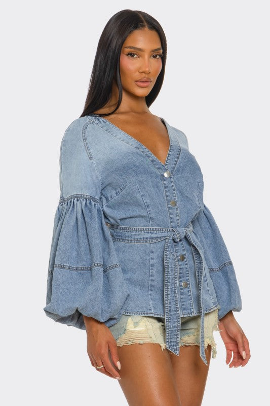 The Muse Puff Sleeve Button-Up Denim Top - Xtreme Shopper
