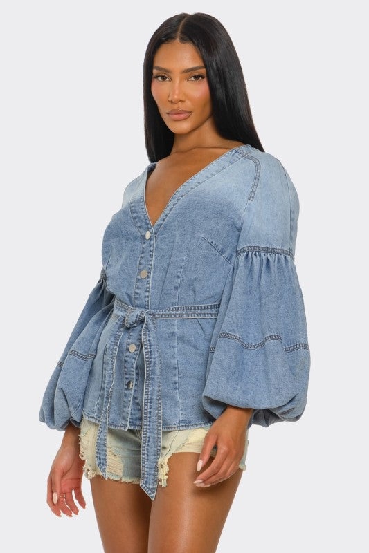 The Muse Puff Sleeve Button-Up Denim Top - Xtreme Shopper