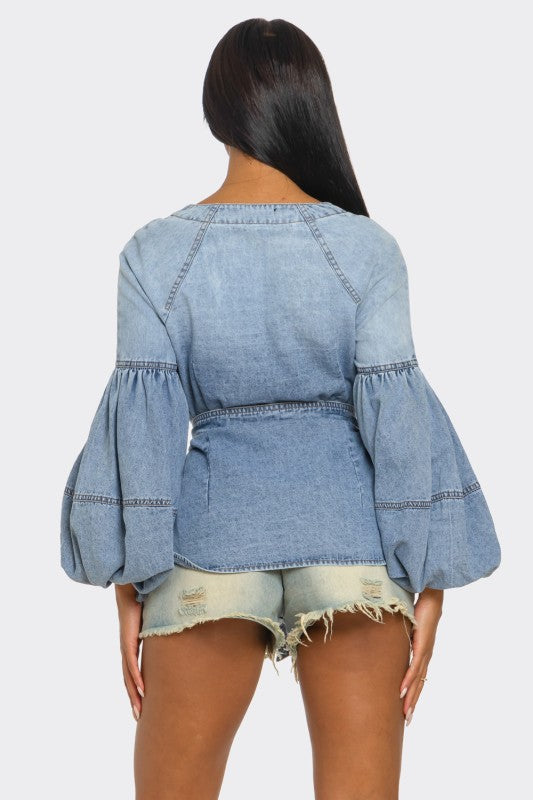 The Muse Puff Sleeve Button-Up Denim Top - Xtreme Shopper