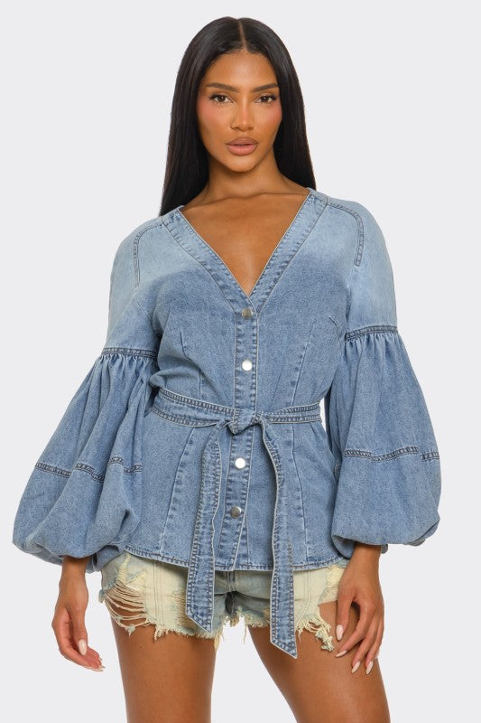 The Muse Puff Sleeve Button-Up Denim Top - Xtreme Shopper