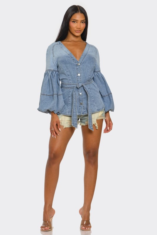 The Muse Puff Sleeve Button-Up Denim Top - Xtreme Shopper