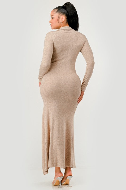Sexy Bodycon Knit Collar Tie Front Maxi Dress - Xtreme Shopper