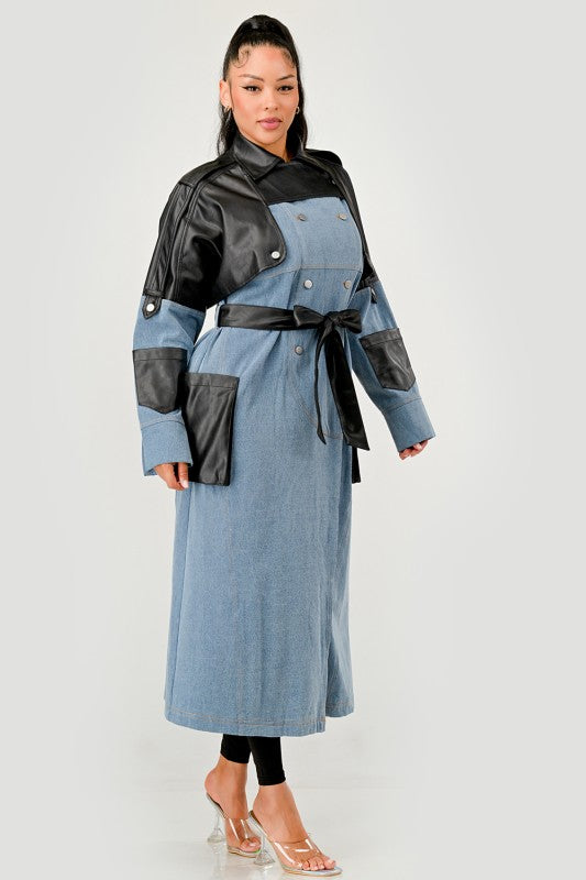 Trendy Two-Tone Denim & Faux Leather Trench Coat - Xtreme Shopper