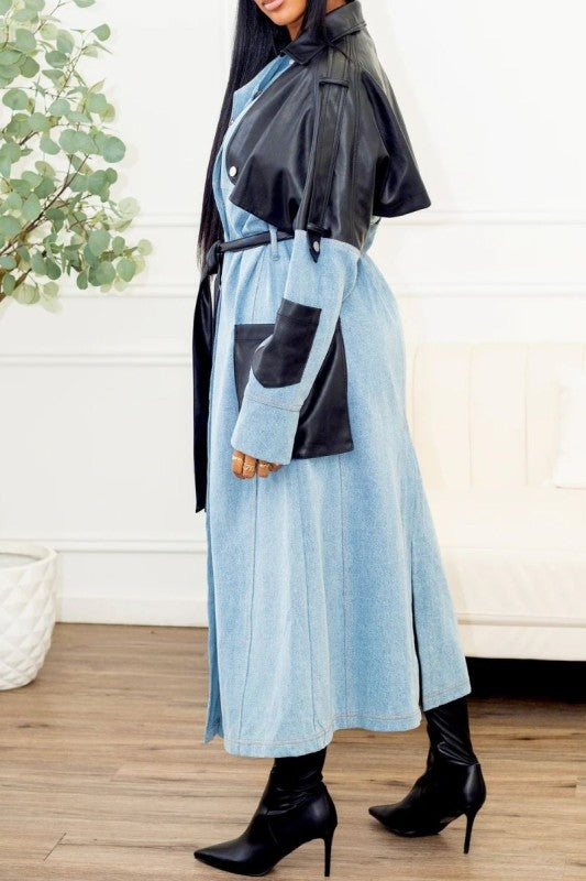 Trendy Two-Tone Denim & Faux Leather Trench Coat - Xtreme Shopper