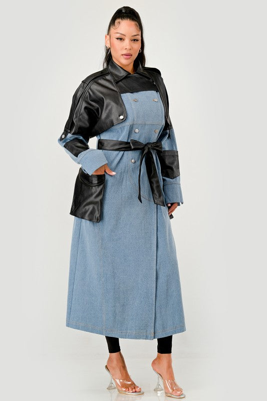 Trendy Two-Tone Denim & Faux Leather Trench Coat - Xtreme Shopper