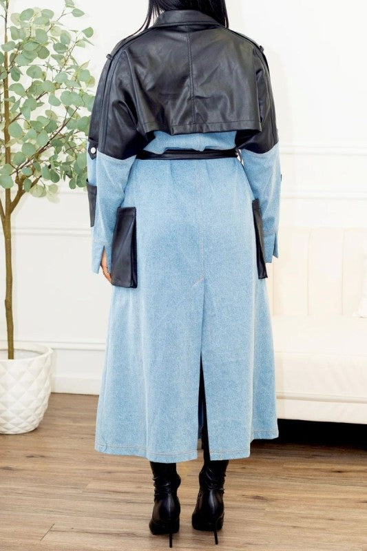 Trendy Two-Tone Denim & Faux Leather Trench Coat - Xtreme Shopper