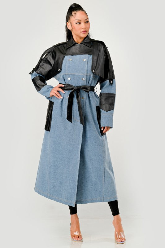 Trendy Two-Tone Denim & Faux Leather Trench Coat - Xtreme Shopper