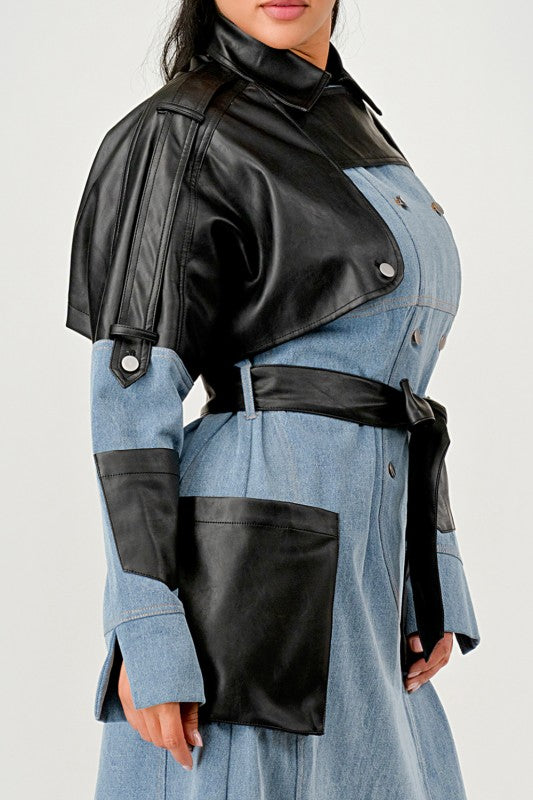 Trendy Two-Tone Denim & Faux Leather Trench Coat - Xtreme Shopper
