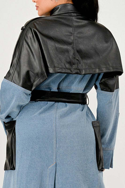 Trendy Two-Tone Denim & Faux Leather Trench Coat - Xtreme Shopper