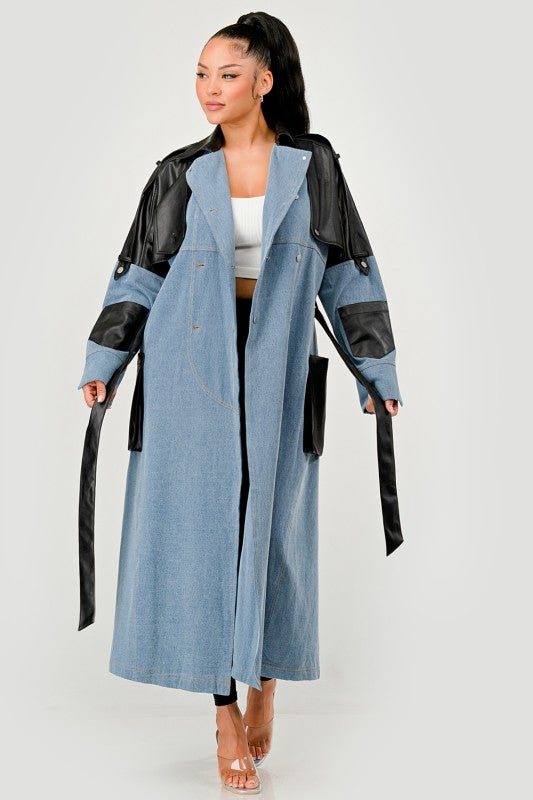 Trendy Two-Tone Denim & Faux Leather Trench Coat - Xtreme Shopper