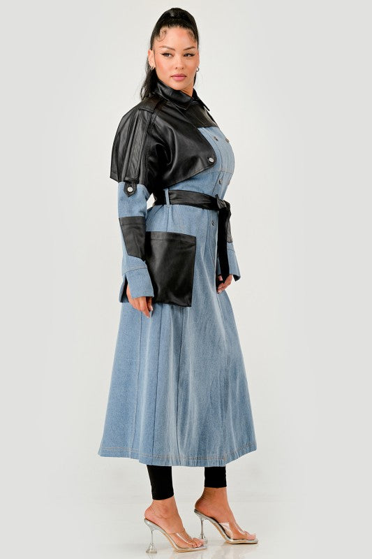 Trendy Two-Tone Denim & Faux Leather Trench Coat - Xtreme Shopper