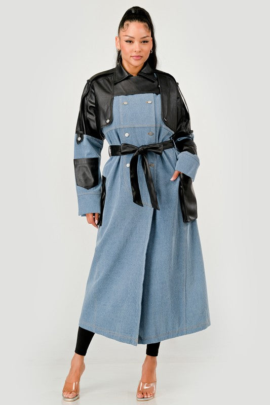 Trendy Two-Tone Denim & Faux Leather Trench Coat - Xtreme Shopper