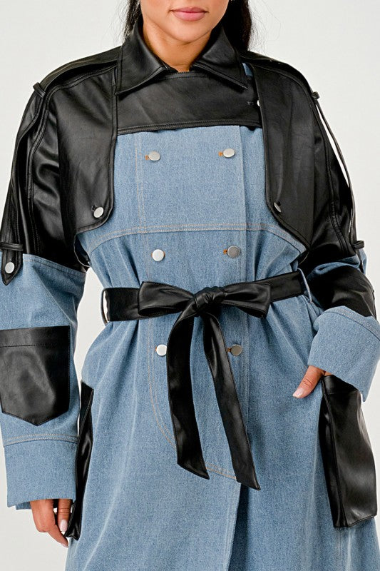 Trendy Two-Tone Denim & Faux Leather Trench Coat - Xtreme Shopper
