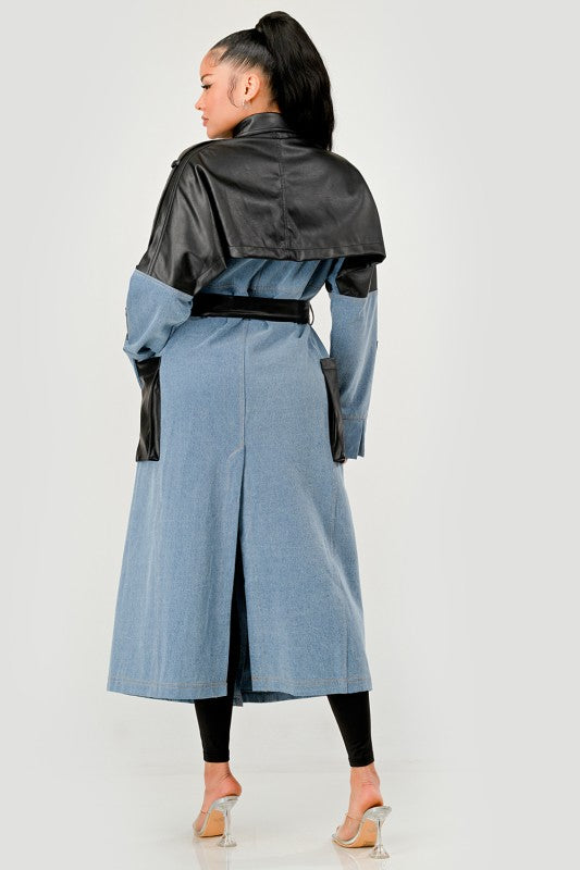 Trendy Two-Tone Denim & Faux Leather Trench Coat - Xtreme Shopper