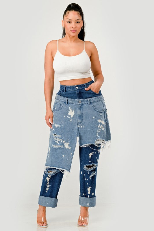 Plus Size Trendy Streetwear Double-Layer Destroyed Denim Jeans - Xtreme Shopper